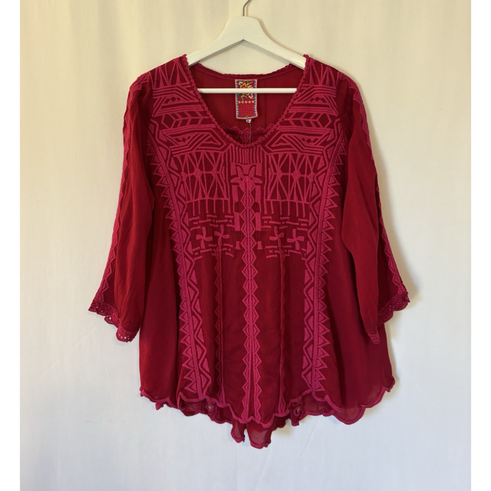 Johnny Was Blouse Top Medium Pink Vneck Flowy Relaxed Embroidered